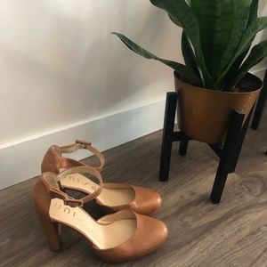Tan closed toe flirty heels